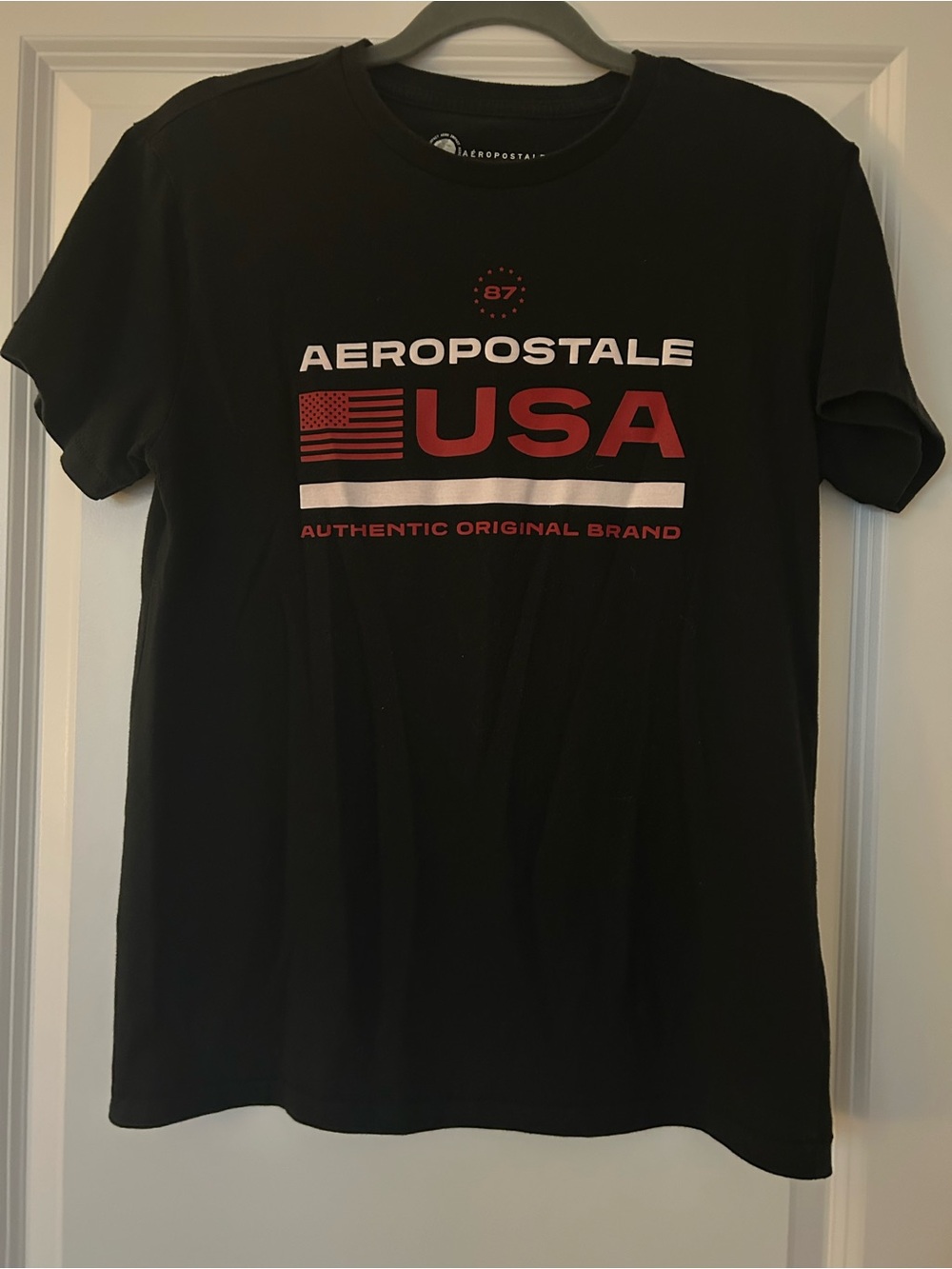Aeropostale Black Tee with Red & White USA Graphic